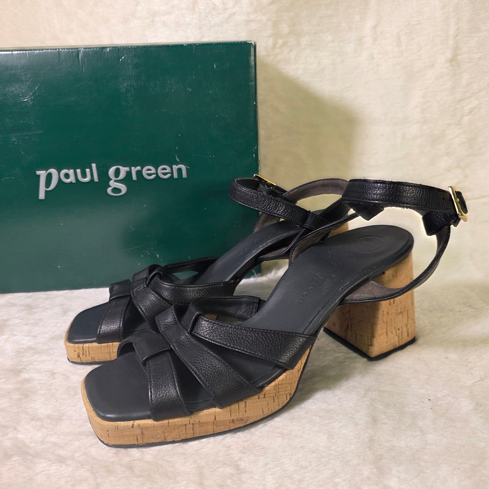 Paul Green Tina Platform Sandals Black Cork Block Heel Womens UK 7.5 US 10 NEW